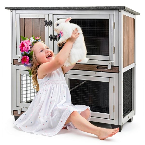 Ketive Rabbit Hutch Solid Fir Wood Two Story Indoor Cage-6