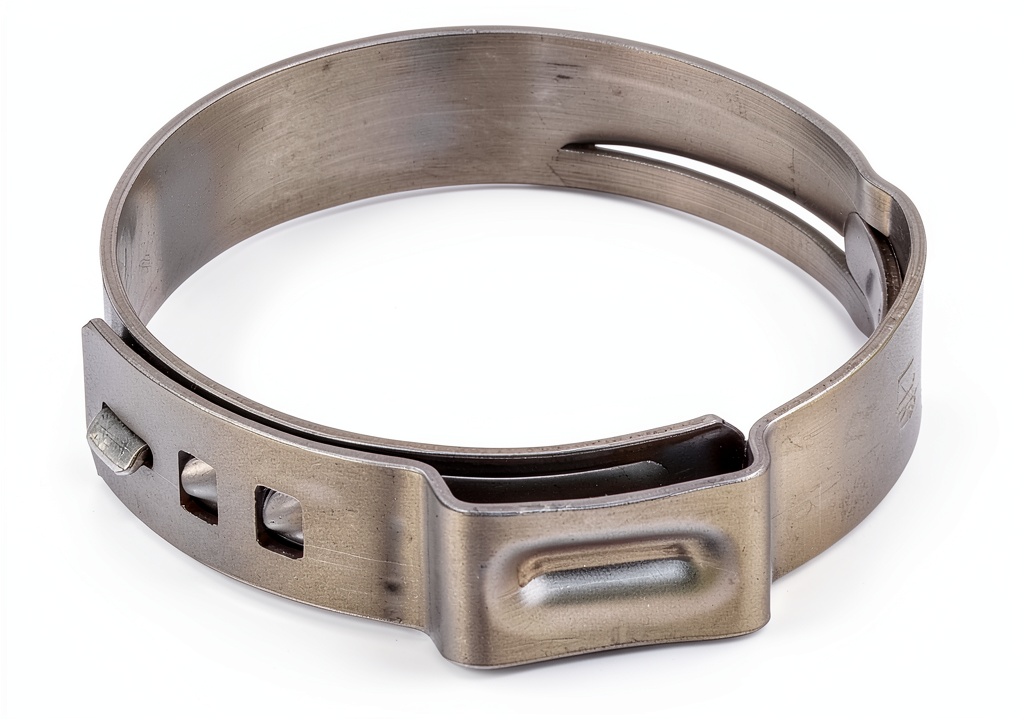 Oetiker ear clamps in silver stainless steel showing stepless design