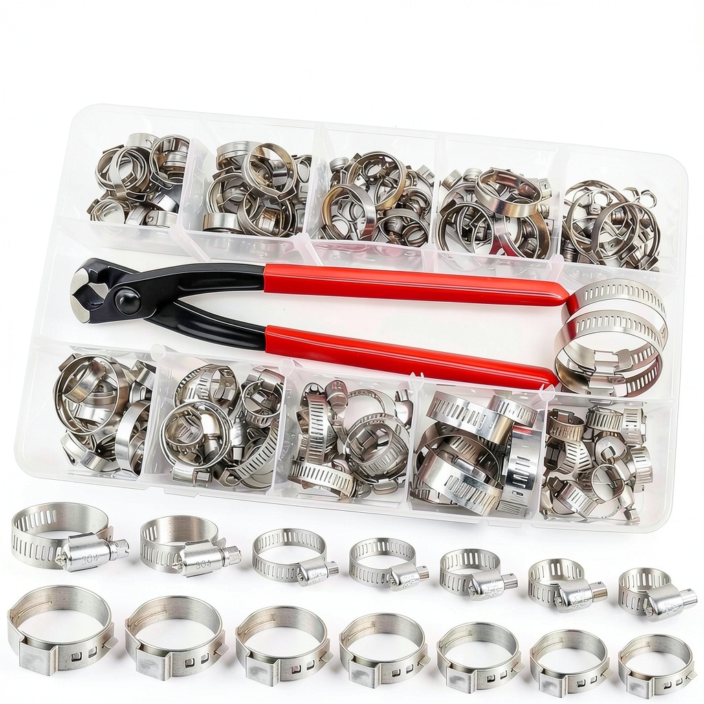 Eoppen hose clamp kit with stainless steel clamps and pliers in storage case