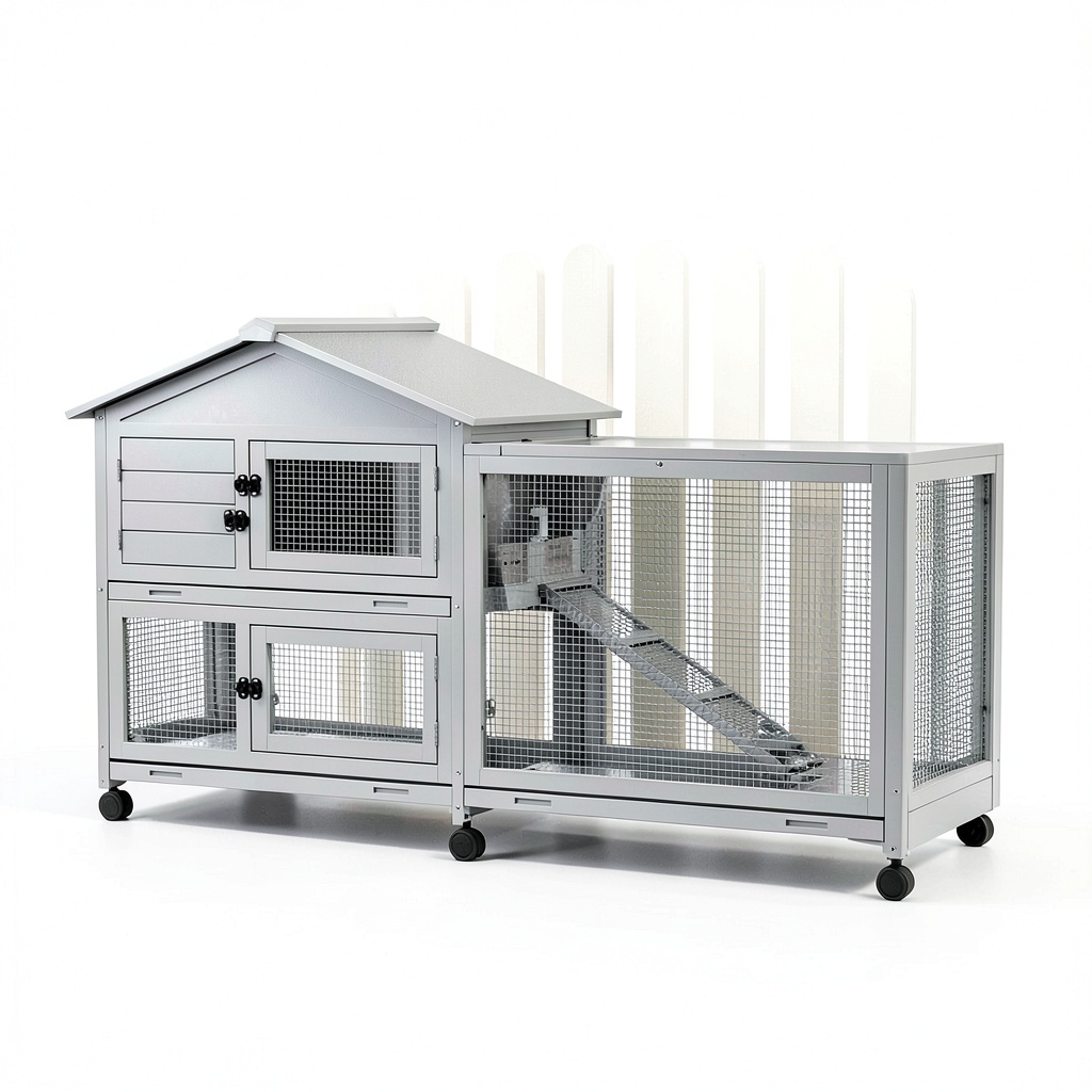 PeakPursuit rabbit hutch placed in a garden setting