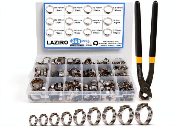 LAZIRO Single Ear Hose Clamps 260 Pcs Stainless Steel Kit-0