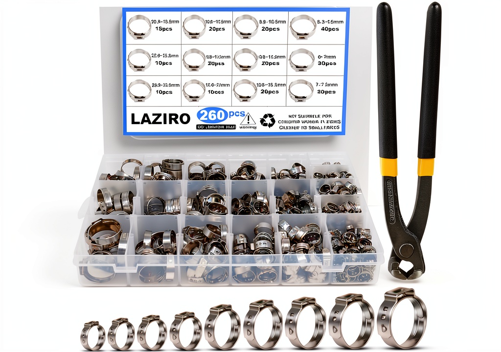 Installing LAZIRO Single Ear Hose Clamps 260 Pcs Stainless Steel Kit on a wooden desk