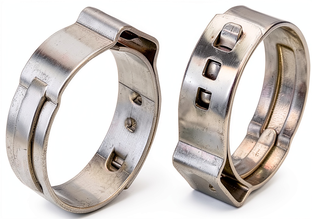MISPIRE stainless steel ear clamps displayed on a workbench