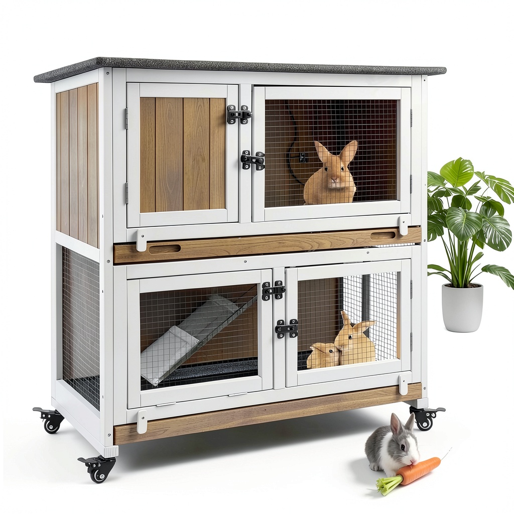 Mayugardening cedar rabbit hutch placed on a patio